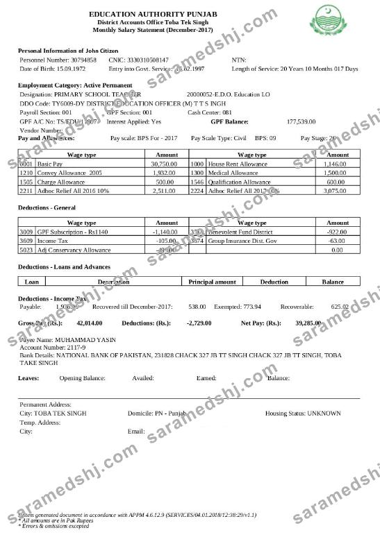INDIA education authority Punjab mpnthly salary statement in Word and PDF formats